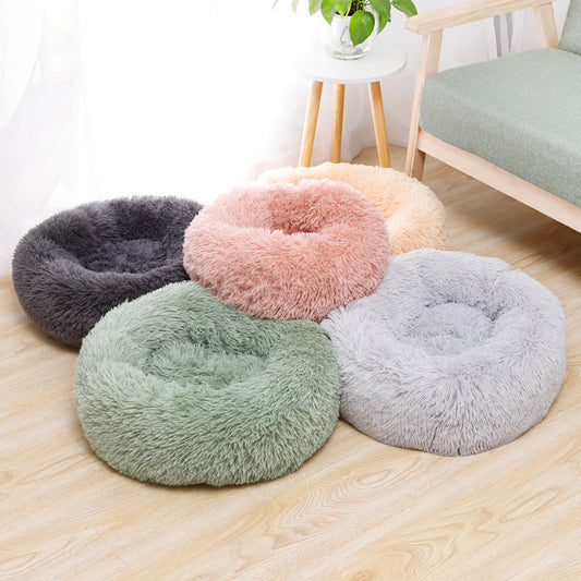 Anti-Slip Cute Cat Bed Faux Fur Fluffy Donut Cuddler Anxiety Cat Bed,Washable Round Cat Beds for Indoor