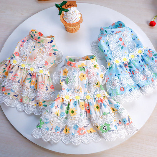 Cute Floral Dog Harness Dress Dog Cats Girl Puppy Bowknot Princess Birthday Dress Summer Female Pet Small Dog Clothes Lace Doggie Kitten Outfits Apparel